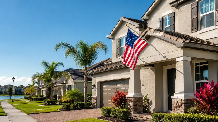 Casa em condomínio na região de Orlando com bandeira dos Estados Unidos na fachada