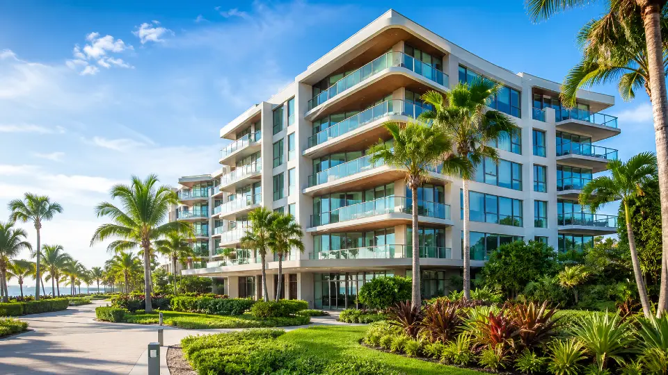 Prédio de condos de alto padrão na Flórida com arquitetura moderna, varandas amplas e paisagismo tropical