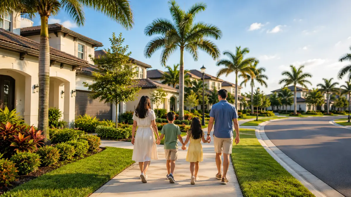 Família caminhando em bairro residencial na região de Orlando, Flórida
