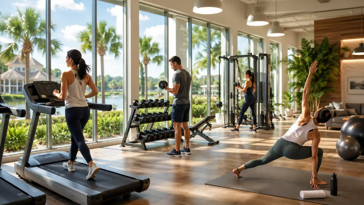 Academia moderna inspirada em Winter Garden, na Flórida, com pessoas se exercitando, equipamentos de treino, yoga e vista para palmeiras
