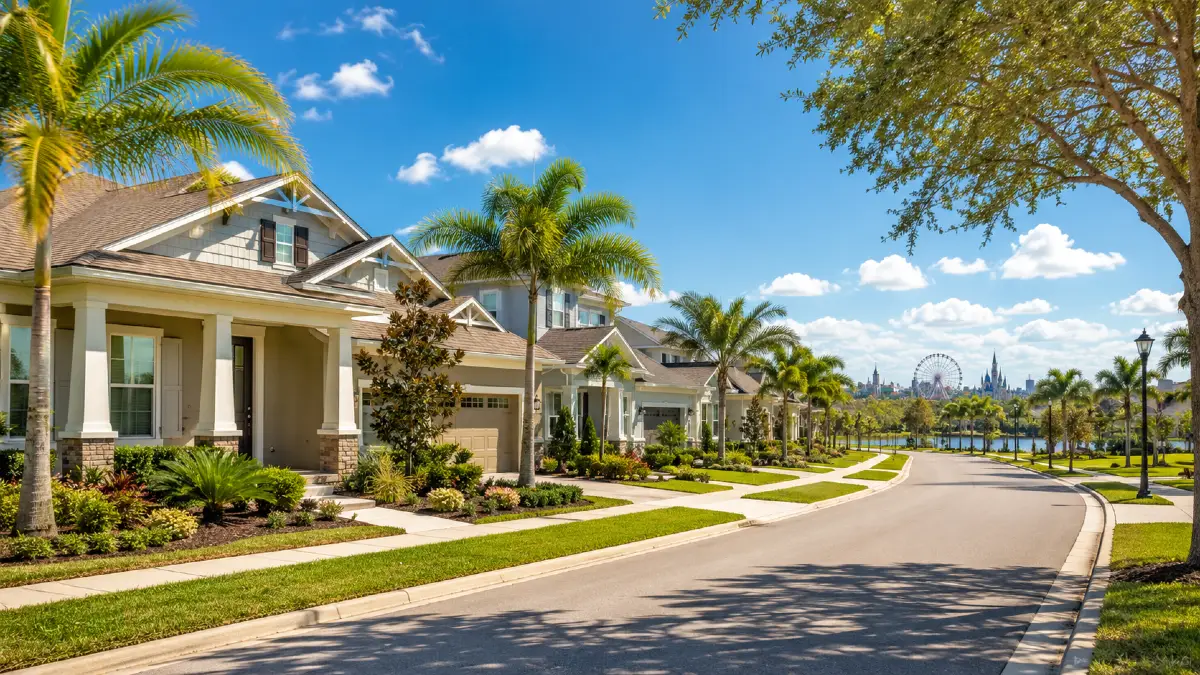 Rua residencial ensolarada inspirada em Winter Garden, na Flórida, com casas modernas, palmeiras, jardins bem cuidados e vista distante para atrações de Orlando