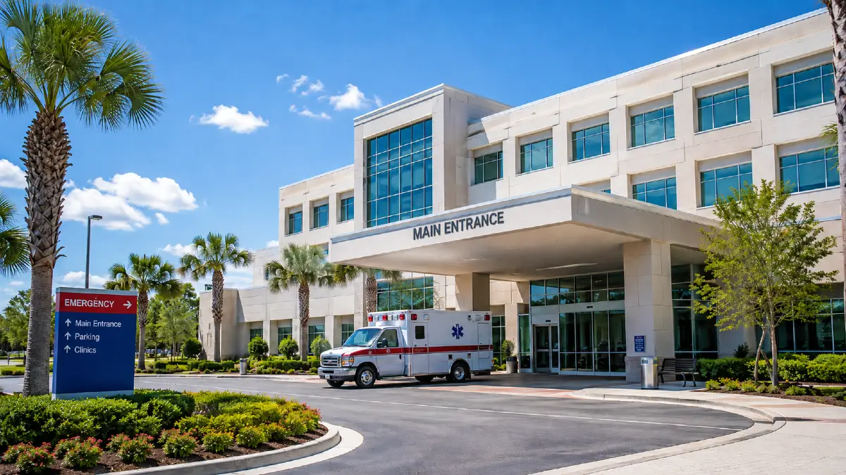 Entrada de hospital moderno na Flórida com ambulância estacionada e palmeiras ao redor
