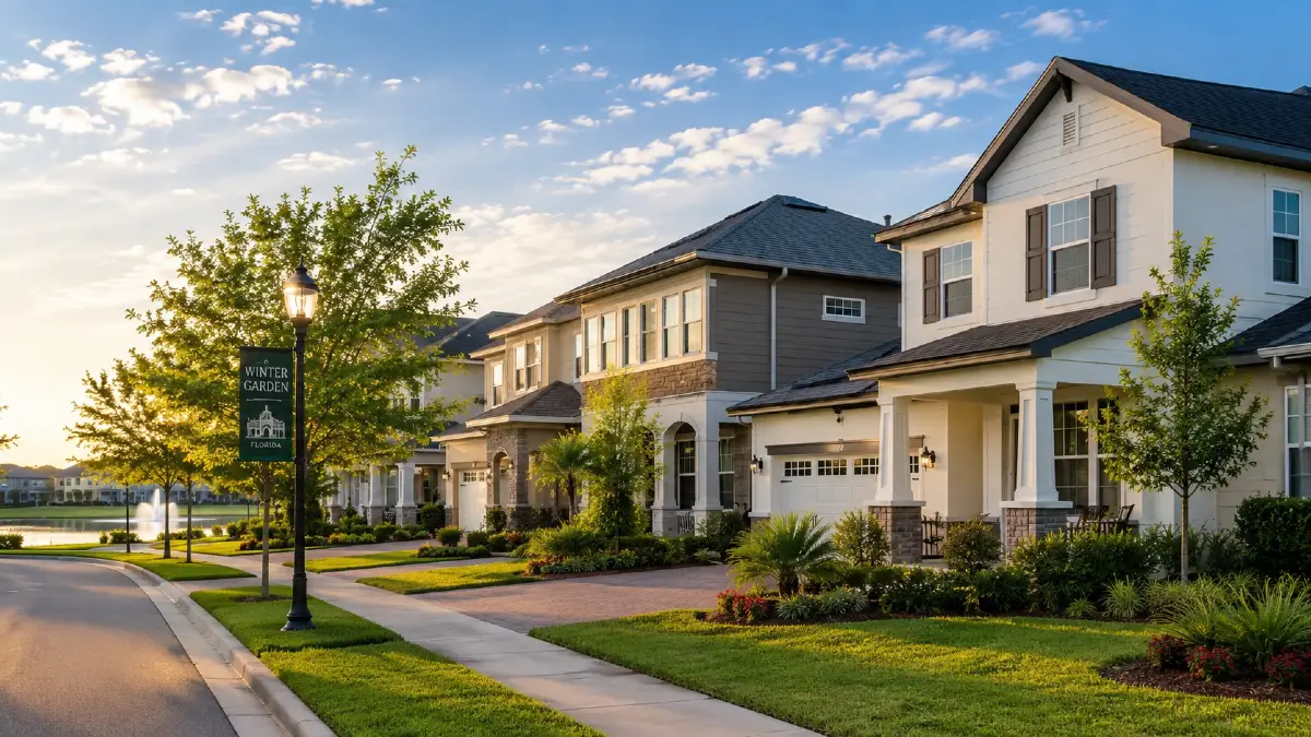 Rua residencial com casas em condomínio em Winter Garden, na Flórida
