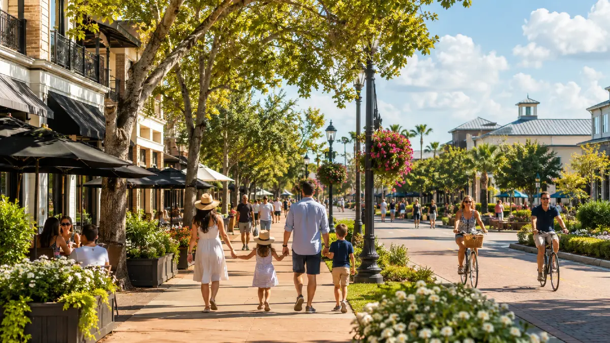 Família passeando em área charmosa inspirada no lazer em Winter Garden, na Flórida, com cafés, ciclistas e ambiente ao ar livre