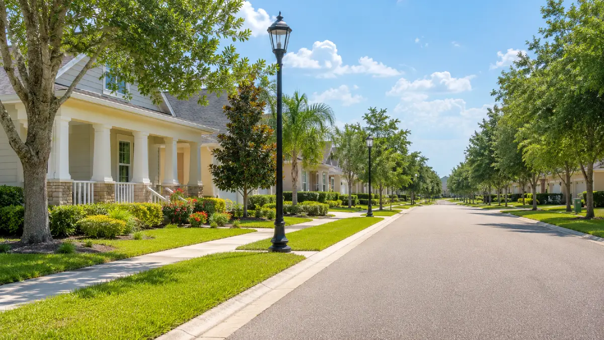 Rua residencial tranquila em Winter Garden, na Flórida, com casas, calçadas e áreas verdes bem cuidadas