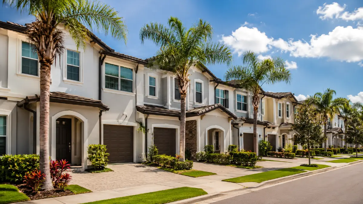 Townhomes modernas em comunidade residencial inspirada em Winter Garden, na Flórida, com palmeiras, garagens, jardins bem cuidados e rua ensolarada