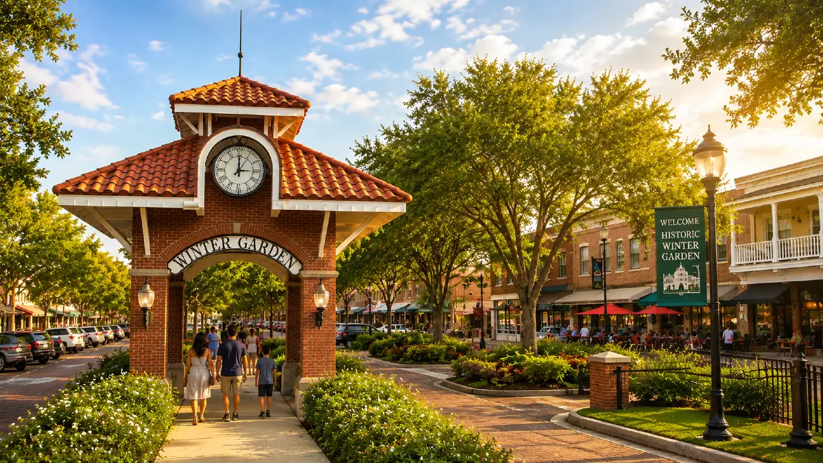 Centro histórico de Winter Garden, na Flórida, com o portal da cidade, comércio local e áreas de convivência